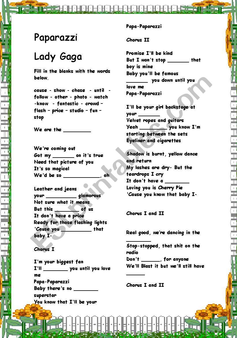 Filling in song : Paparazzi (Lady Gaga) - with answer key