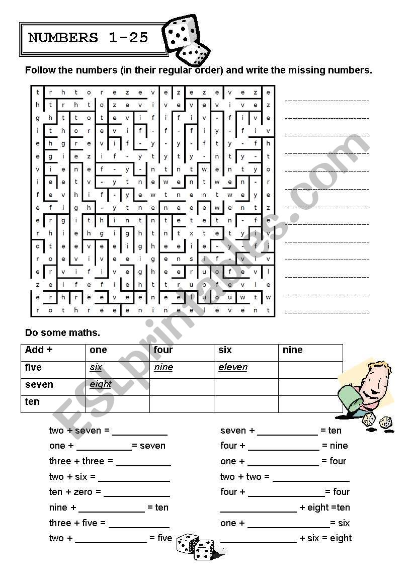 numbers 1-25 (+key) worksheet