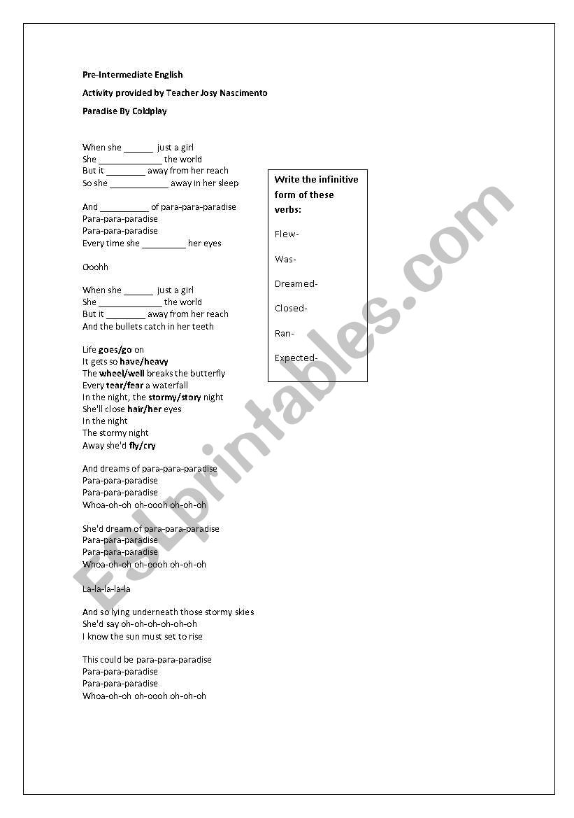 Paradise-Coldplay worksheet