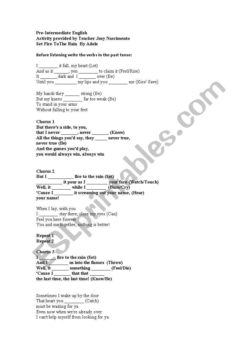 Set fire to the rain Adele worksheet