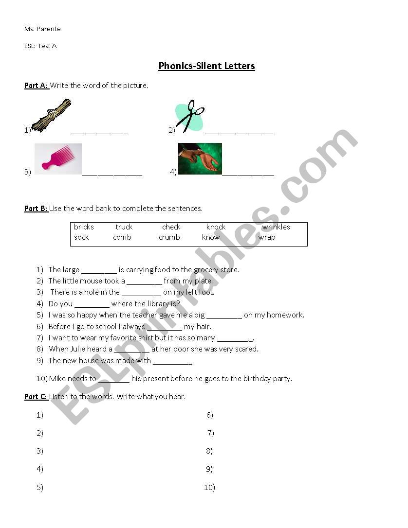 Phonics: Silent Letters Test worksheet