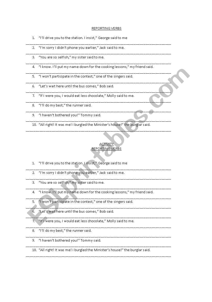 Reporting Verbs worksheet