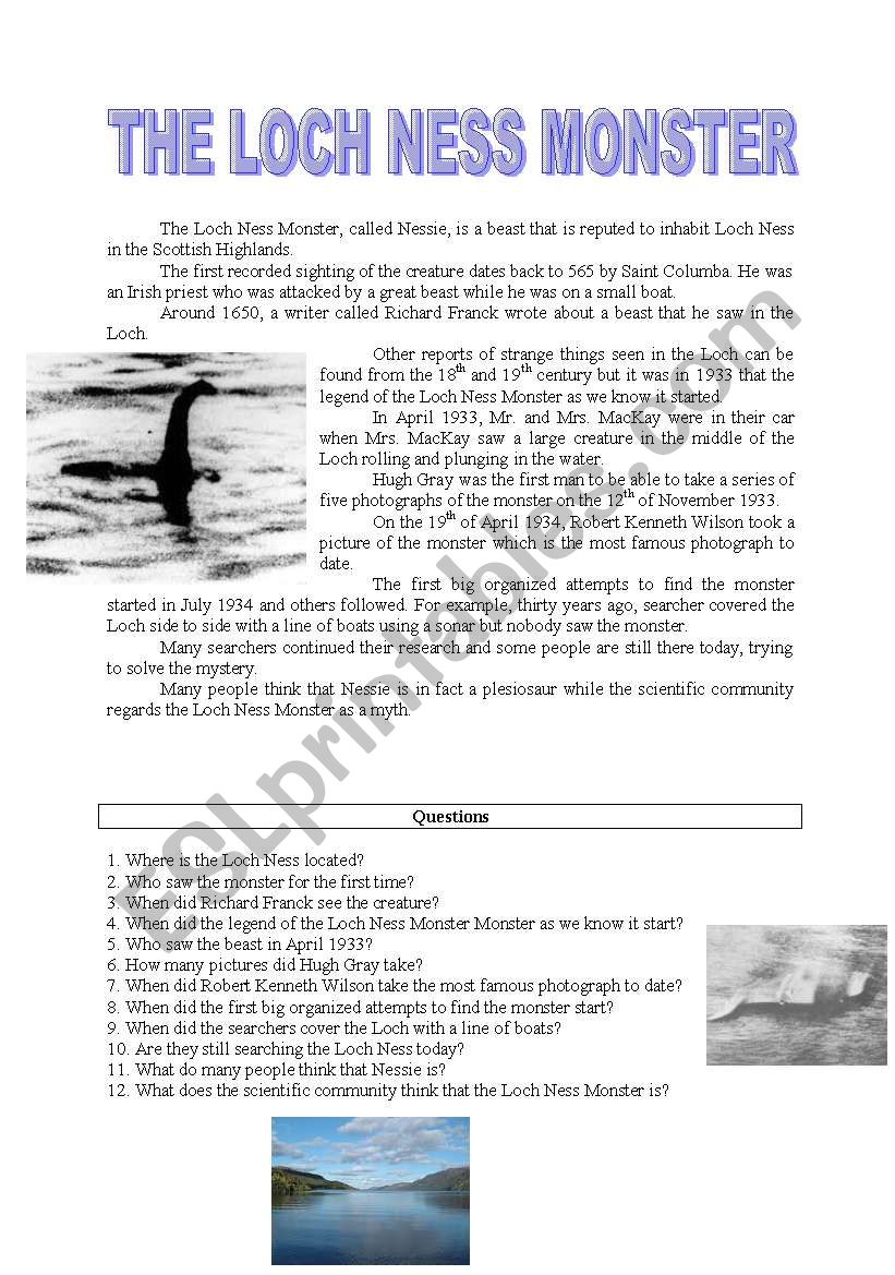 The Loch Ness Monster~Reading Comprehension
