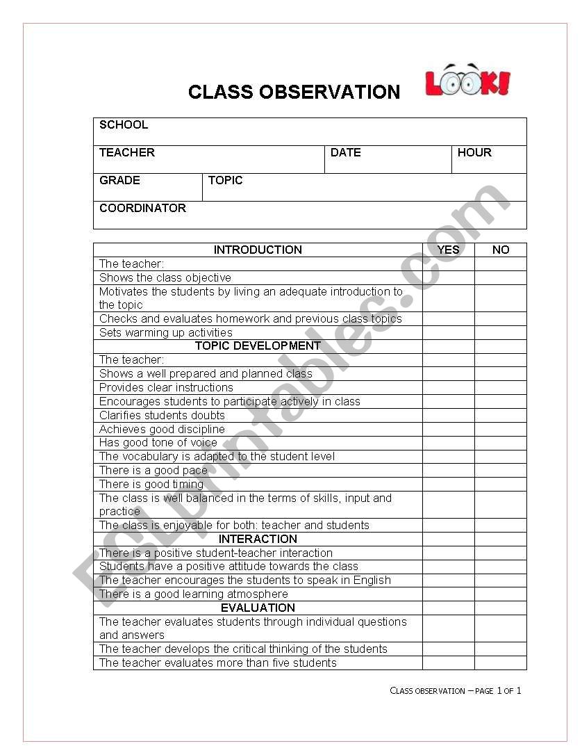 CLASS OBSERVATION worksheet