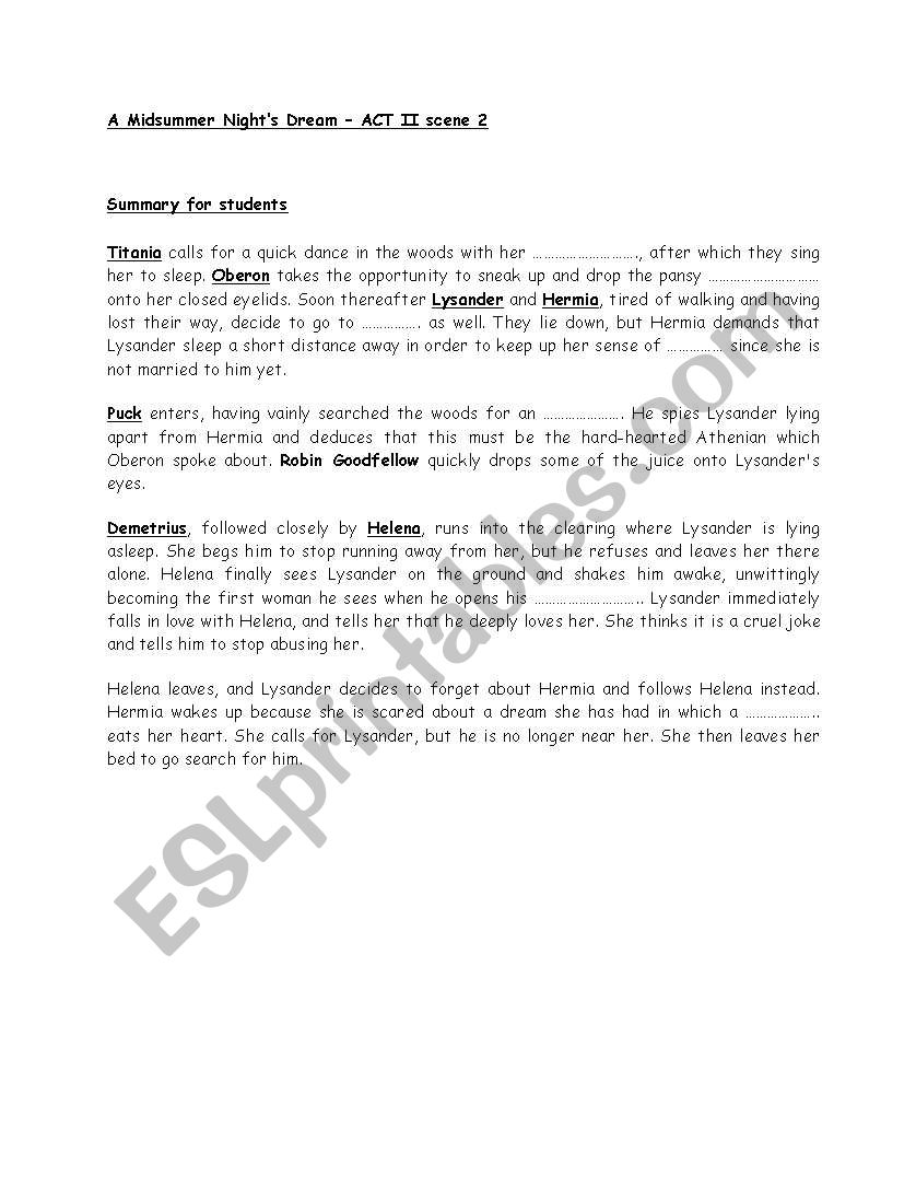 English worksheets: A Midsummer Night´s Dream
