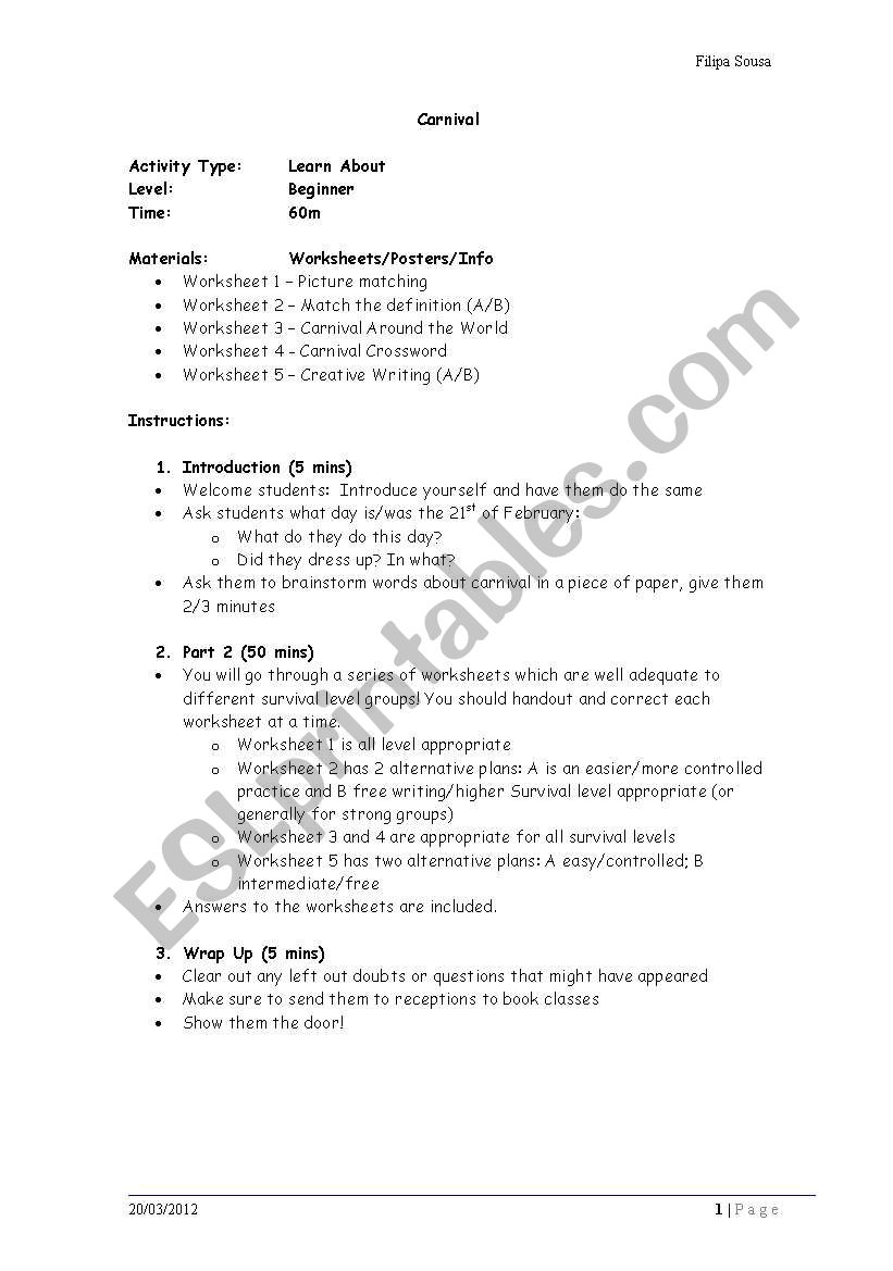 Carnival worksheet