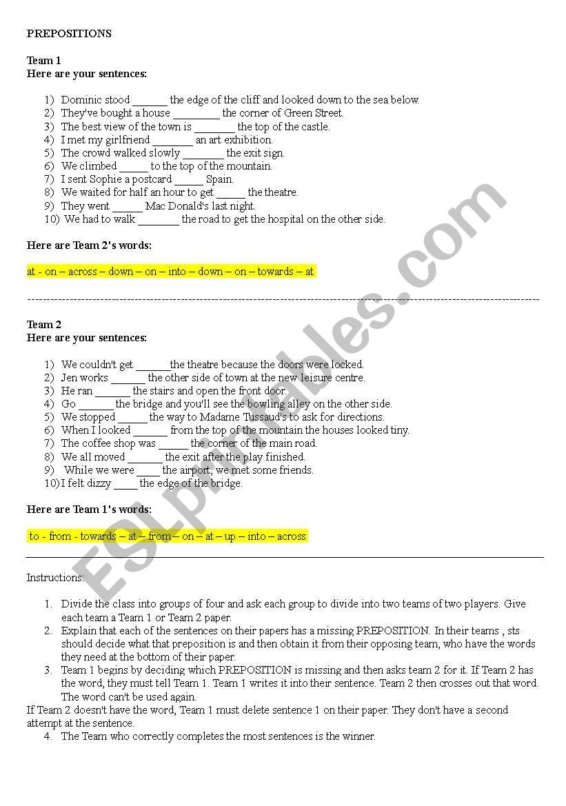 Preposition Race worksheet