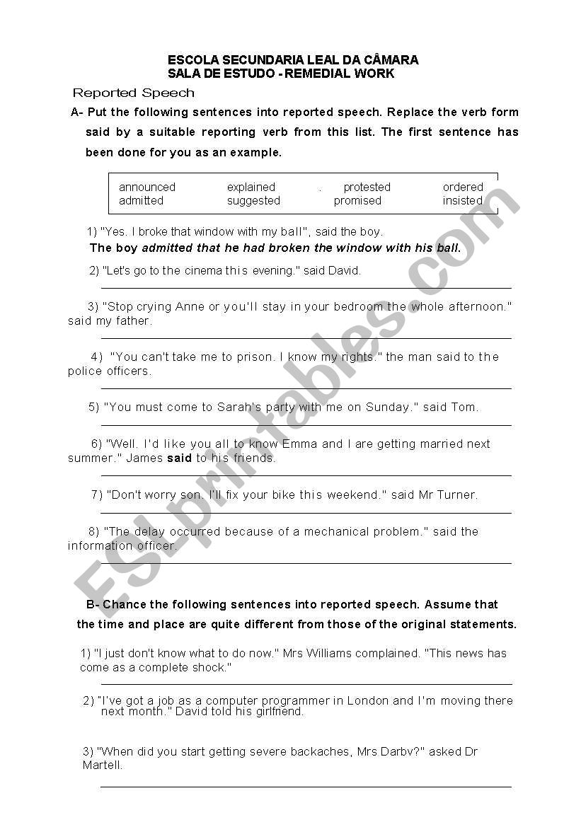 Reported Speech worksheet