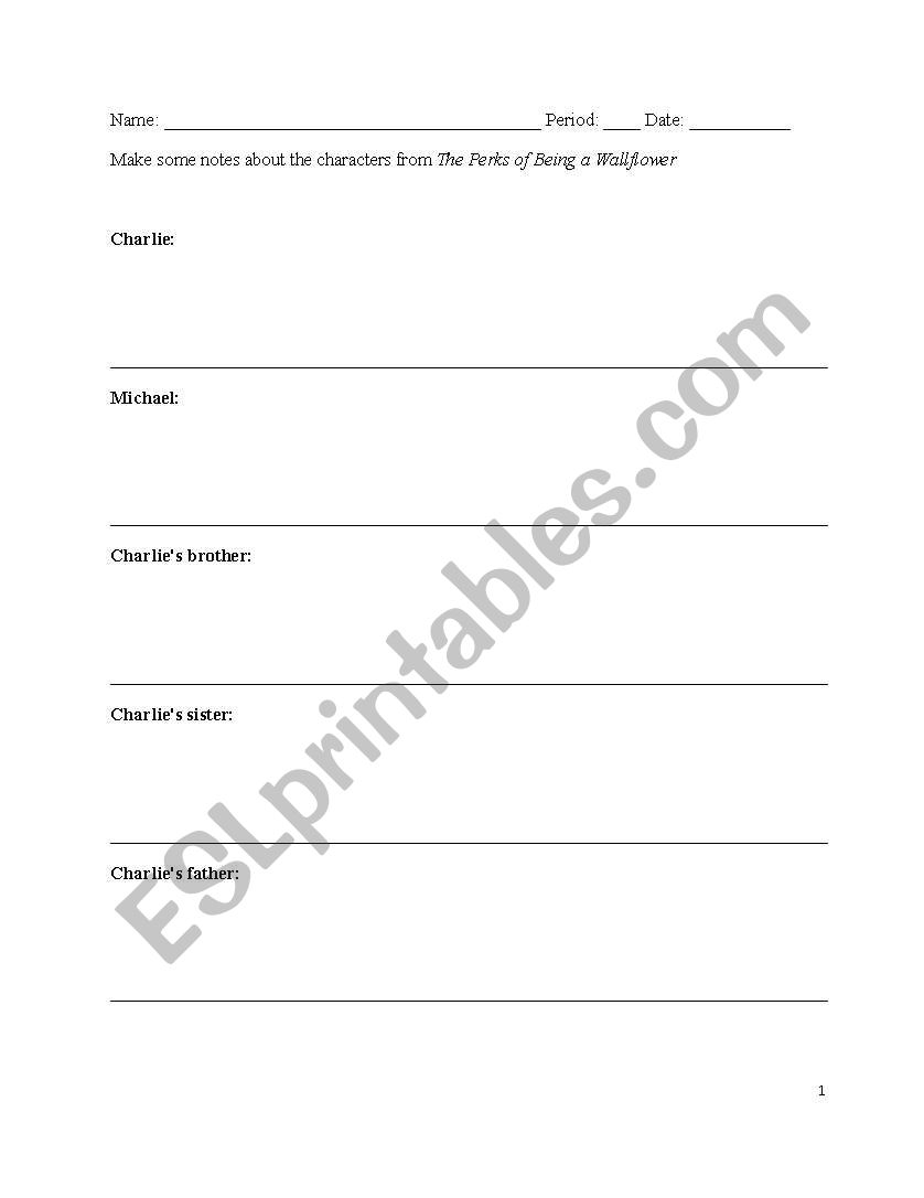 character list worksheet