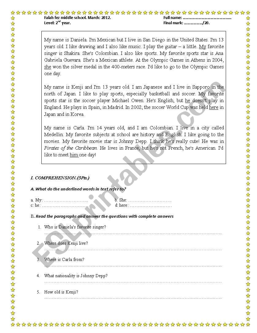 Reading comprehesion worksheet