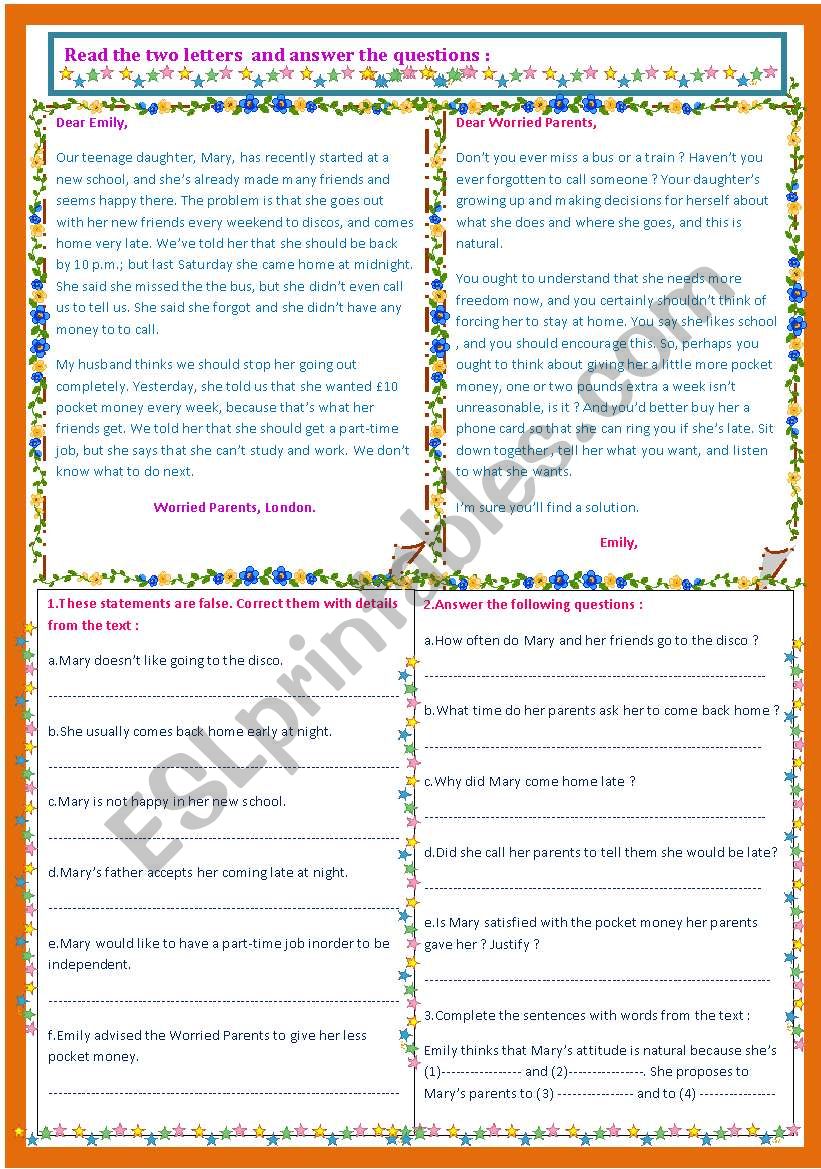 worried parents worksheet