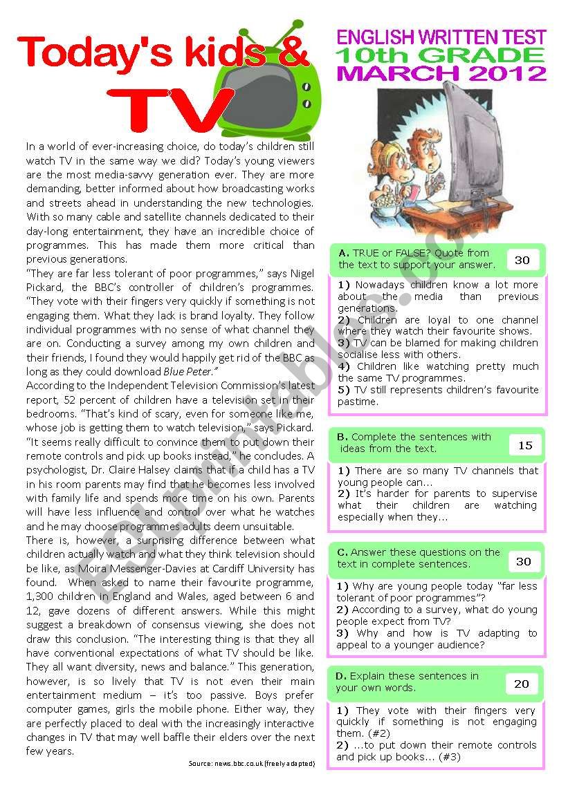 The effects of TV - 2page Test (10th grade) - key included