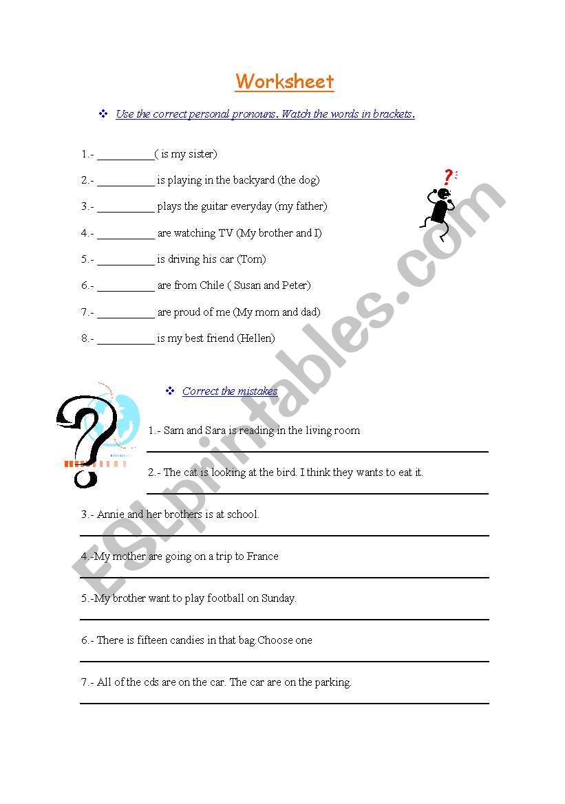 Worksheet using personal pronouns, to ve verb and possessive adjectives