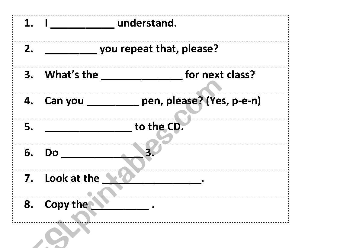 Classroom language game worksheet