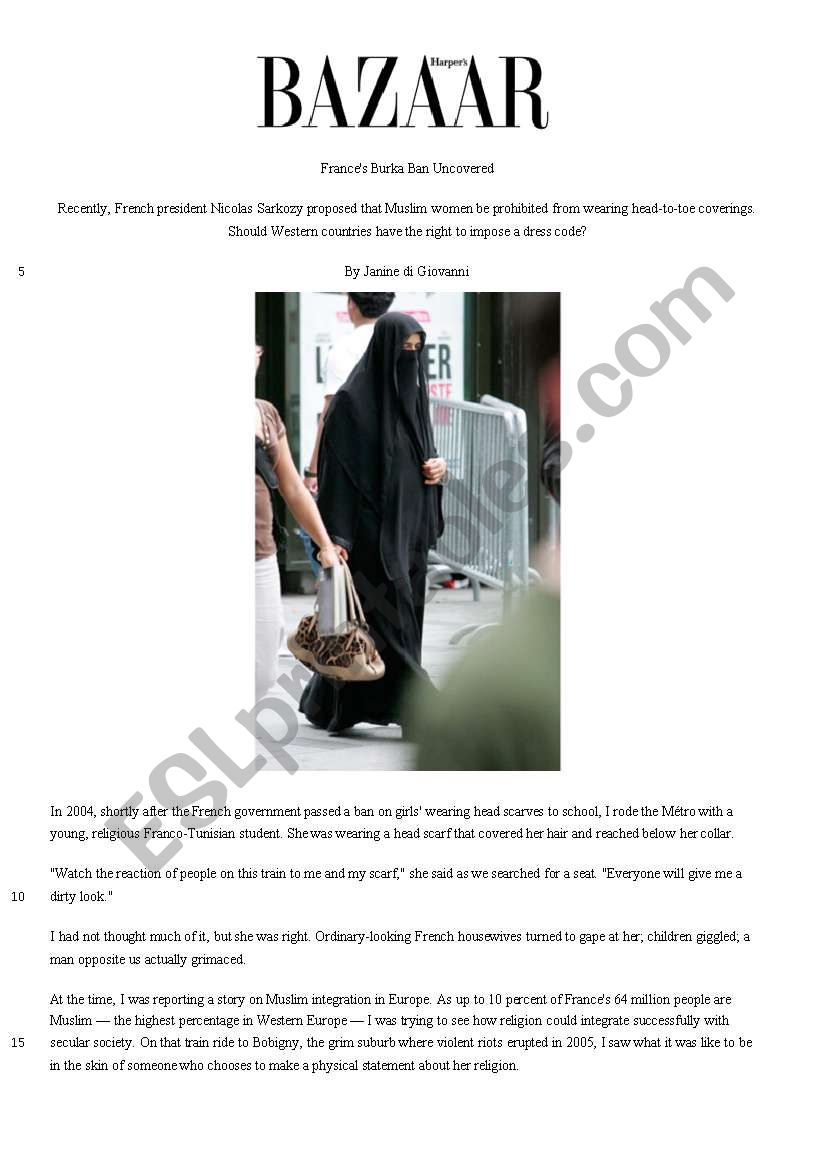 Controvery of Burka Ban in France Reading and Writing Activity