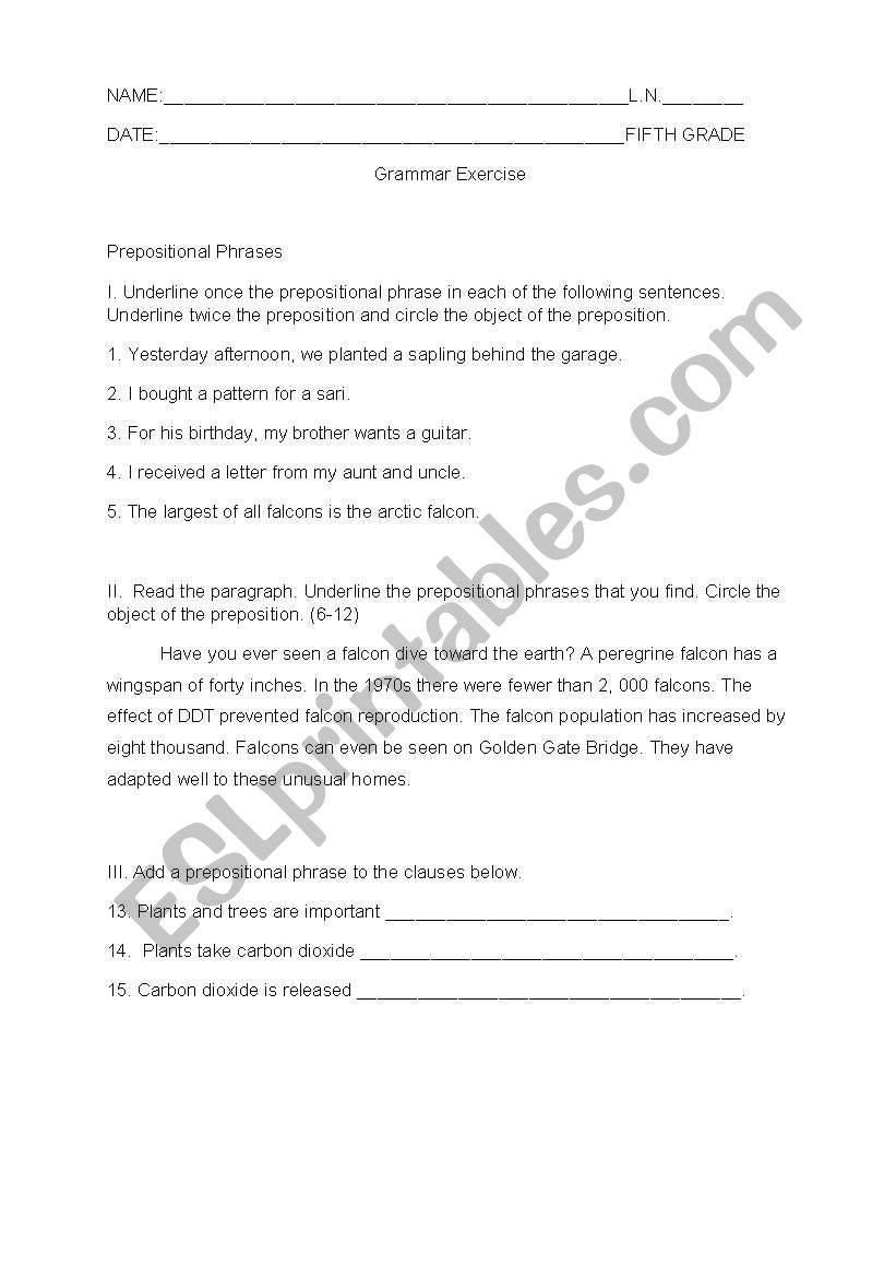 Prepositional Phrases worksheet