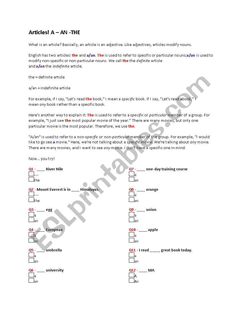 Articles A and An - Multiple Choice plus lesson