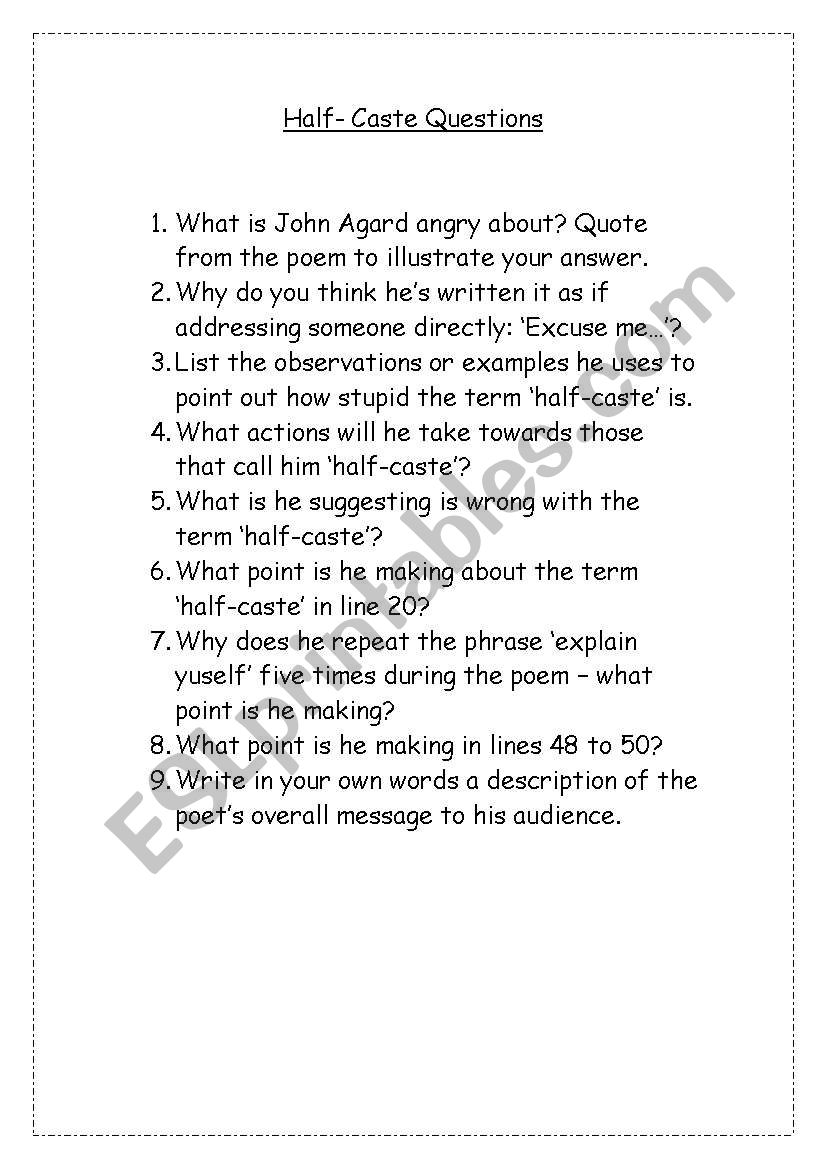 Half Caste Poem worksheet