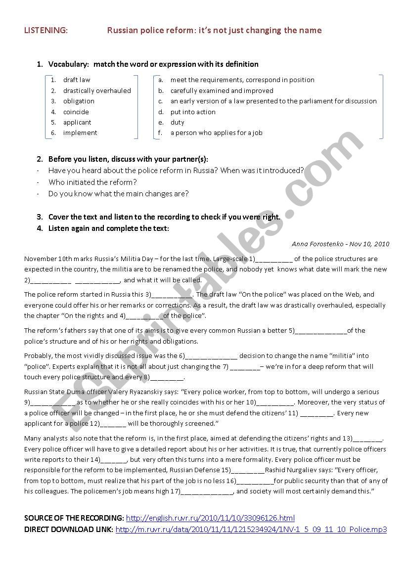 Police Reform in Russia worksheet