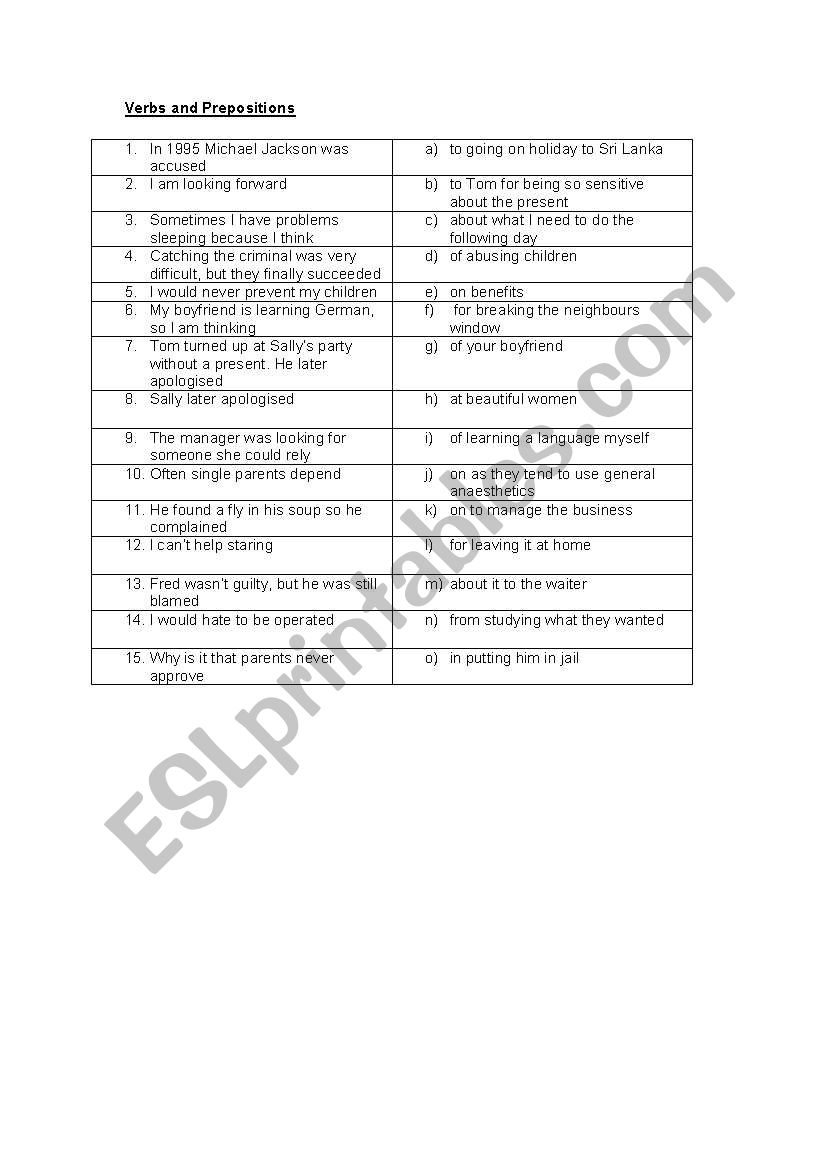 Verbs and prepositions worksheet