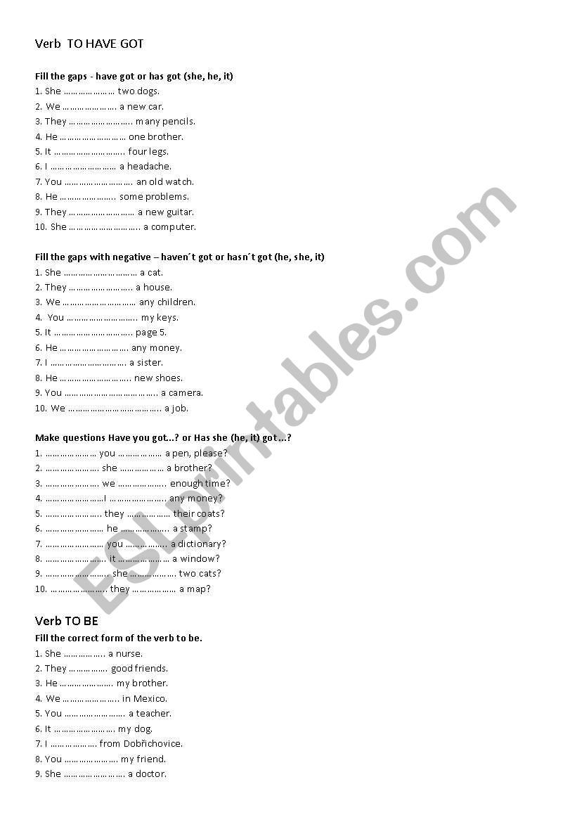 Exercise for practising verbs to be and to have got