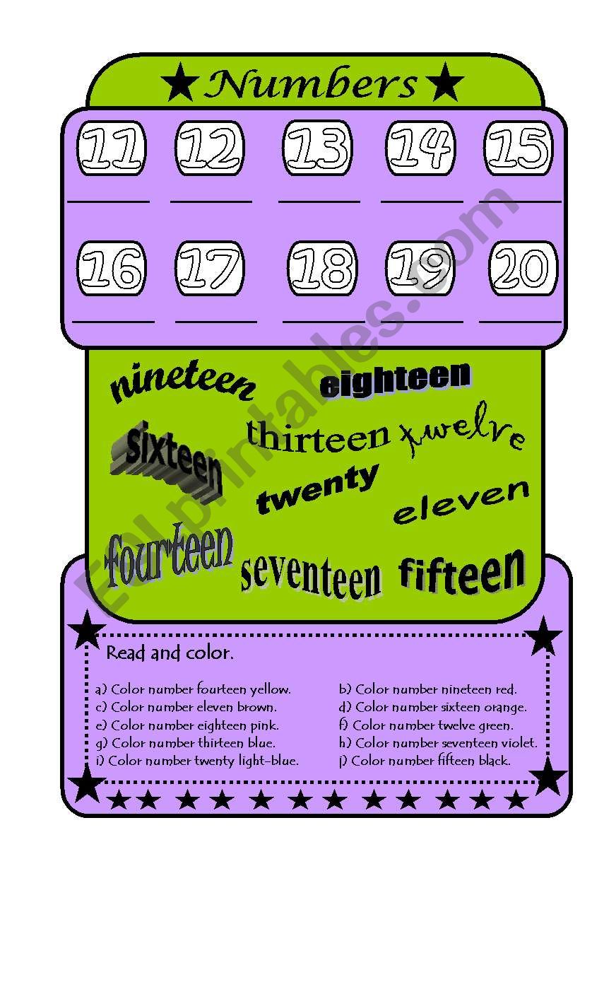 Numbers 11-20 and colors worksheet