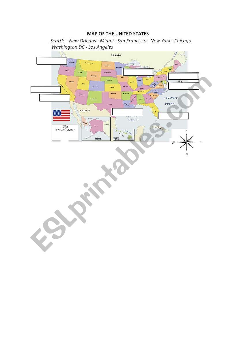 Map of the US - Main cities worksheet
