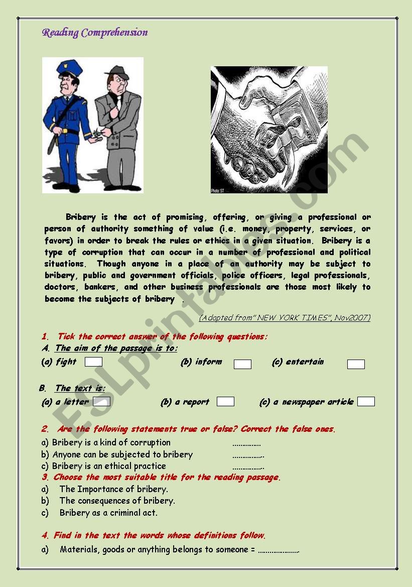 Bribery worksheet