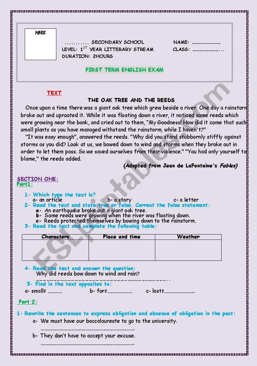 THE OAK TREE AND THE REEDS worksheet