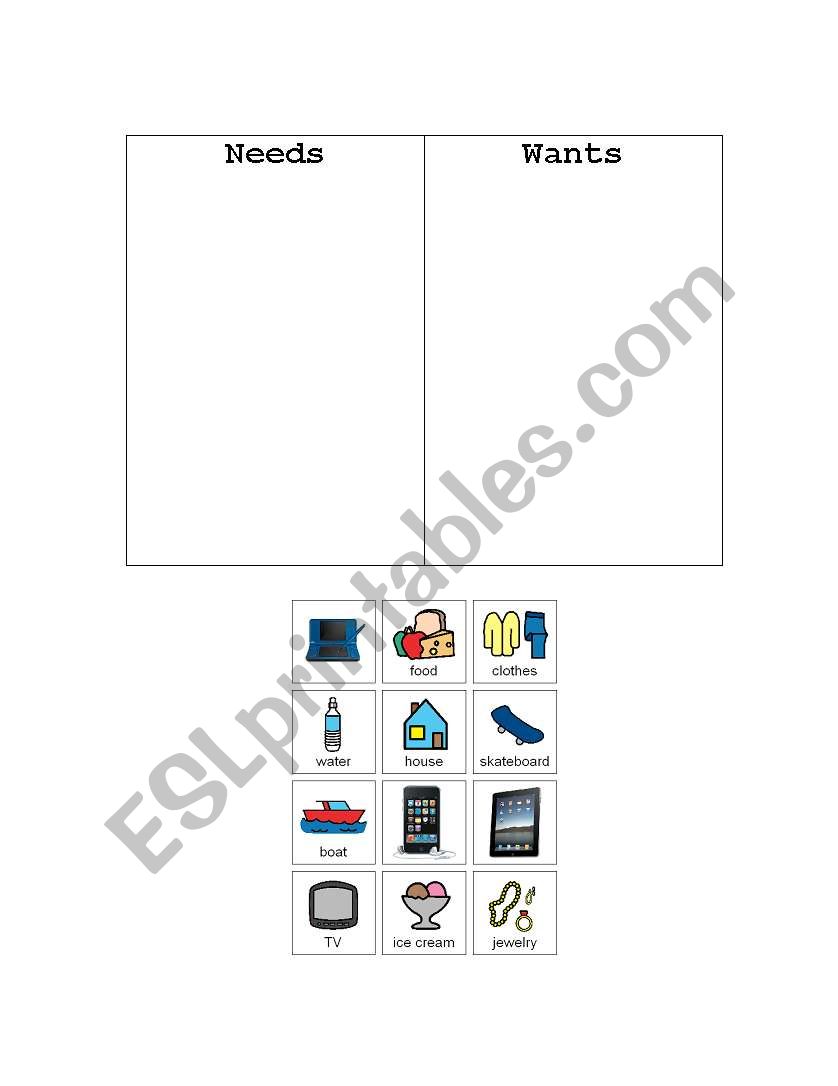 Needs and Wants Sort worksheet