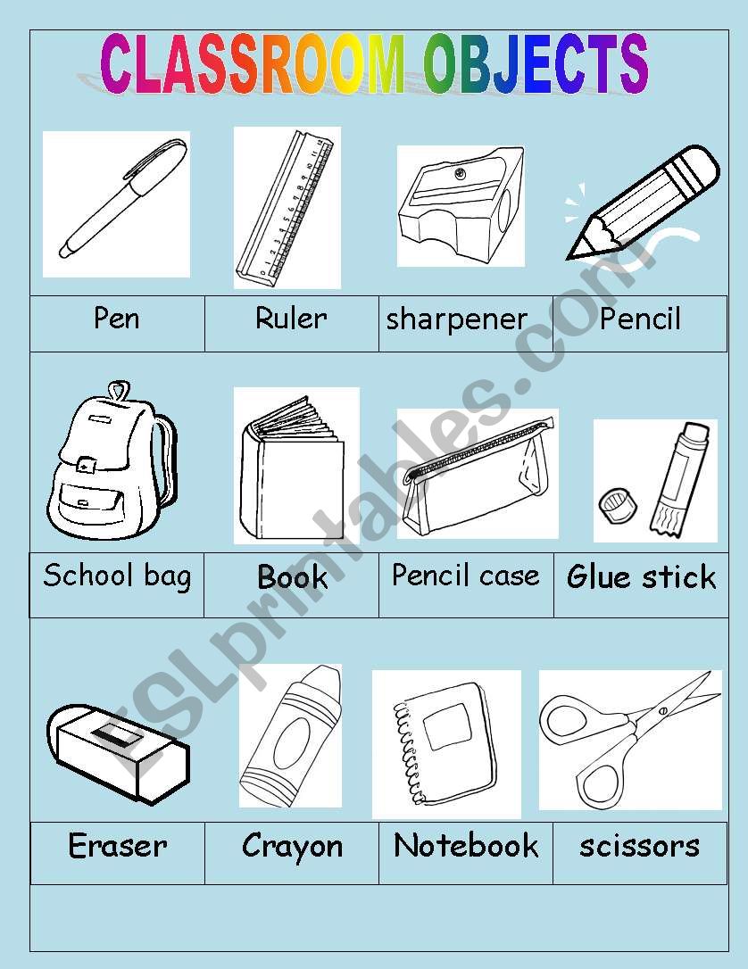 Classrom objects pictionary worksheet