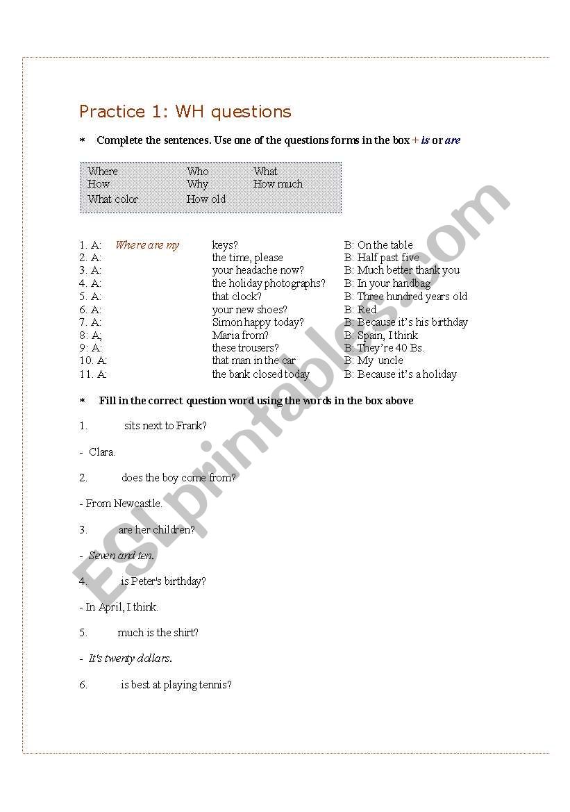 wh questions worksheet