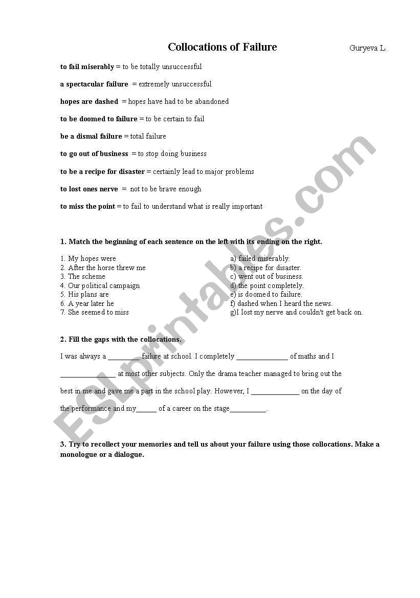 collocations of failure worksheet