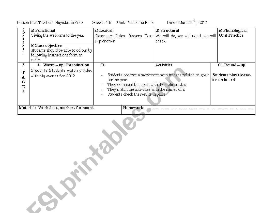 Lesson Plan Movers worksheet