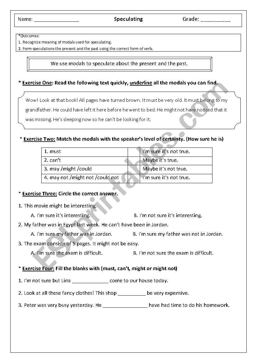 Speculating using modals worksheet