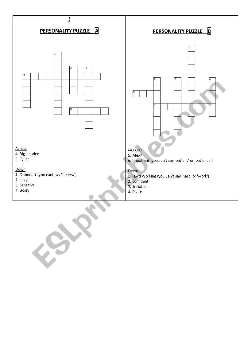 Personality Puzzle (in pairs) worksheet