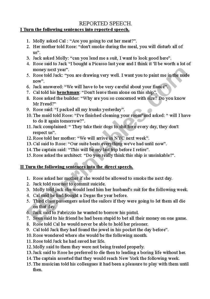 reported speech worksheet