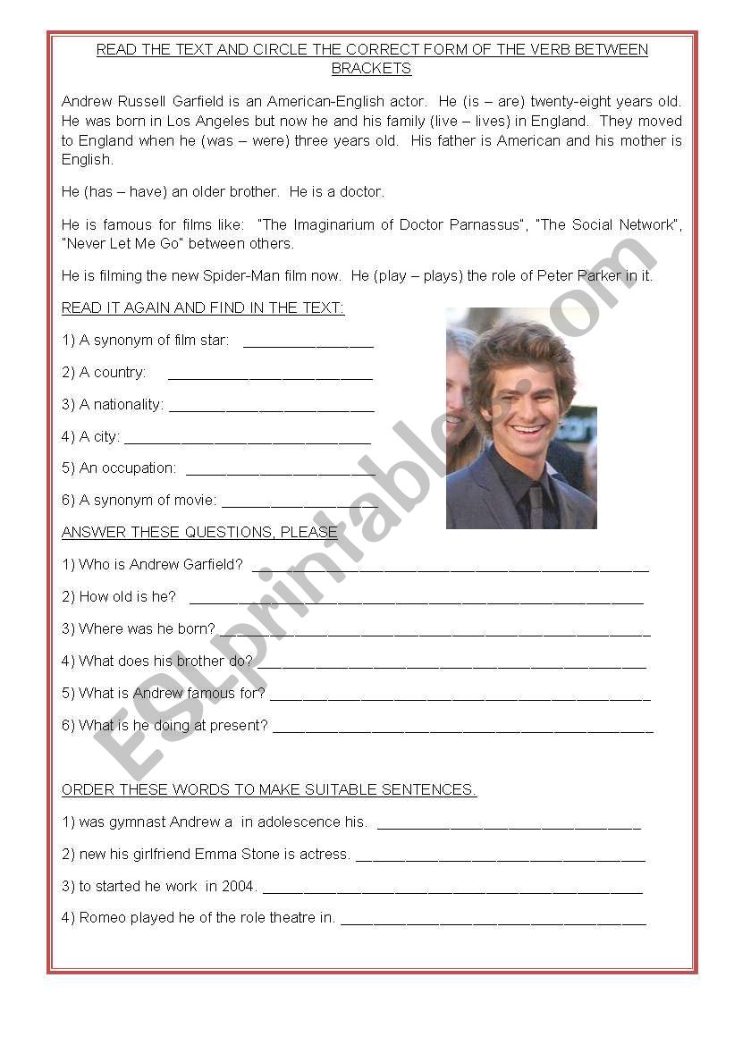 Andrew Garfield worksheet