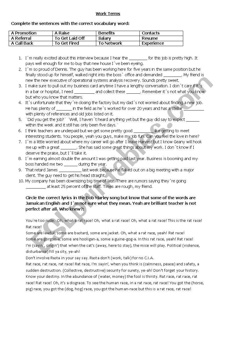 Work terms worksheet
