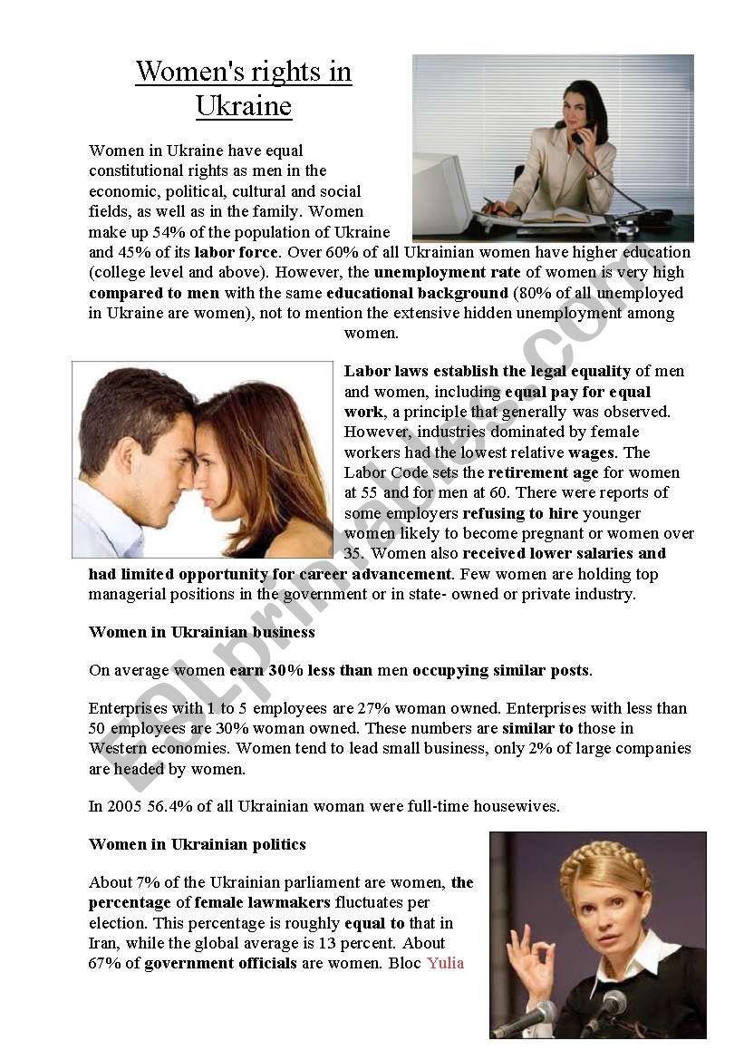 womens rights in Ukraine worksheet