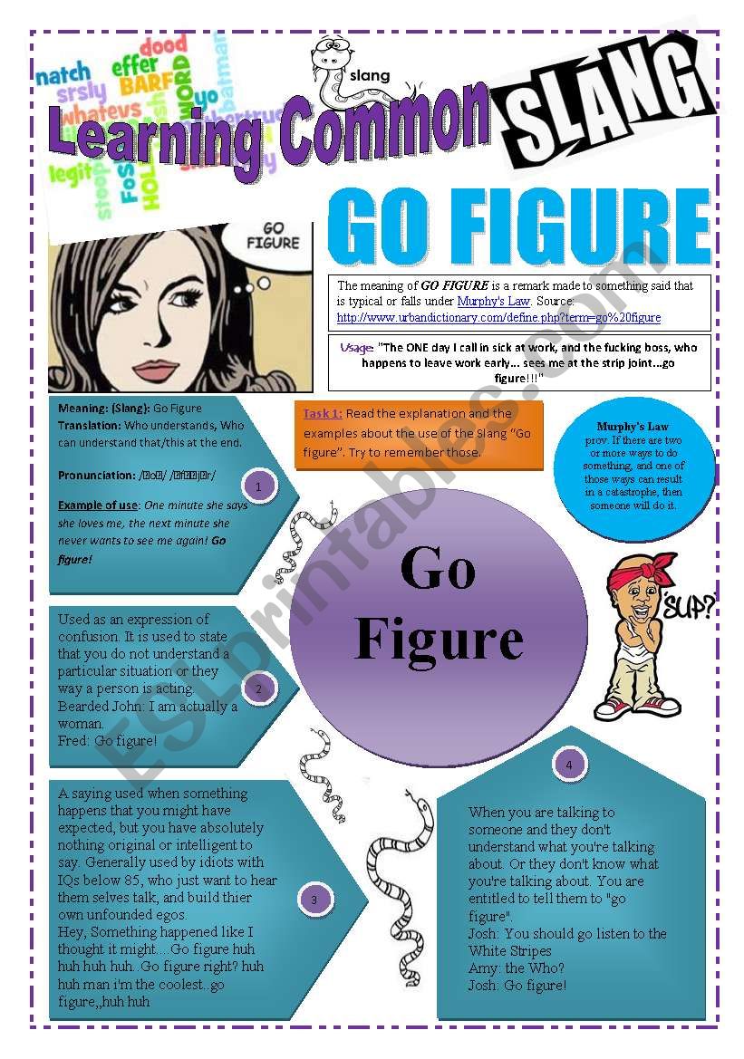 SLANG  - Learning Common Slang -  GO FIGURE (4 pages) With link to a VIDEO A complete worksheet with 7 exercises and instructions