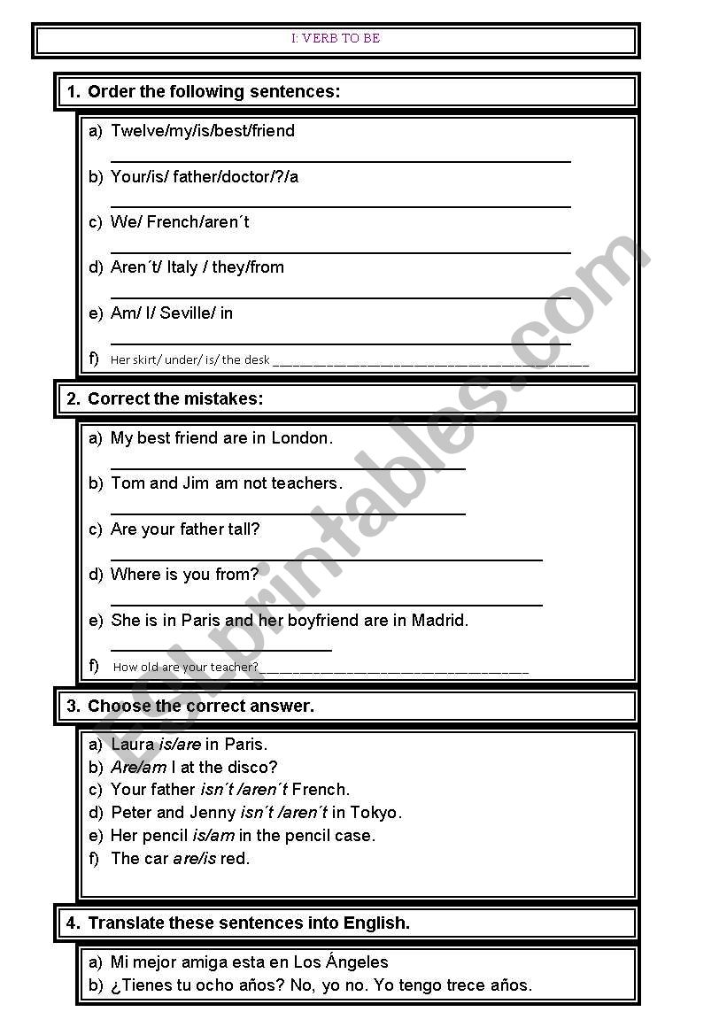 VERB TO BE ACTIVITIES worksheet