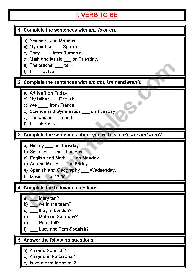 VERB TO BE ACTIVITIES worksheet