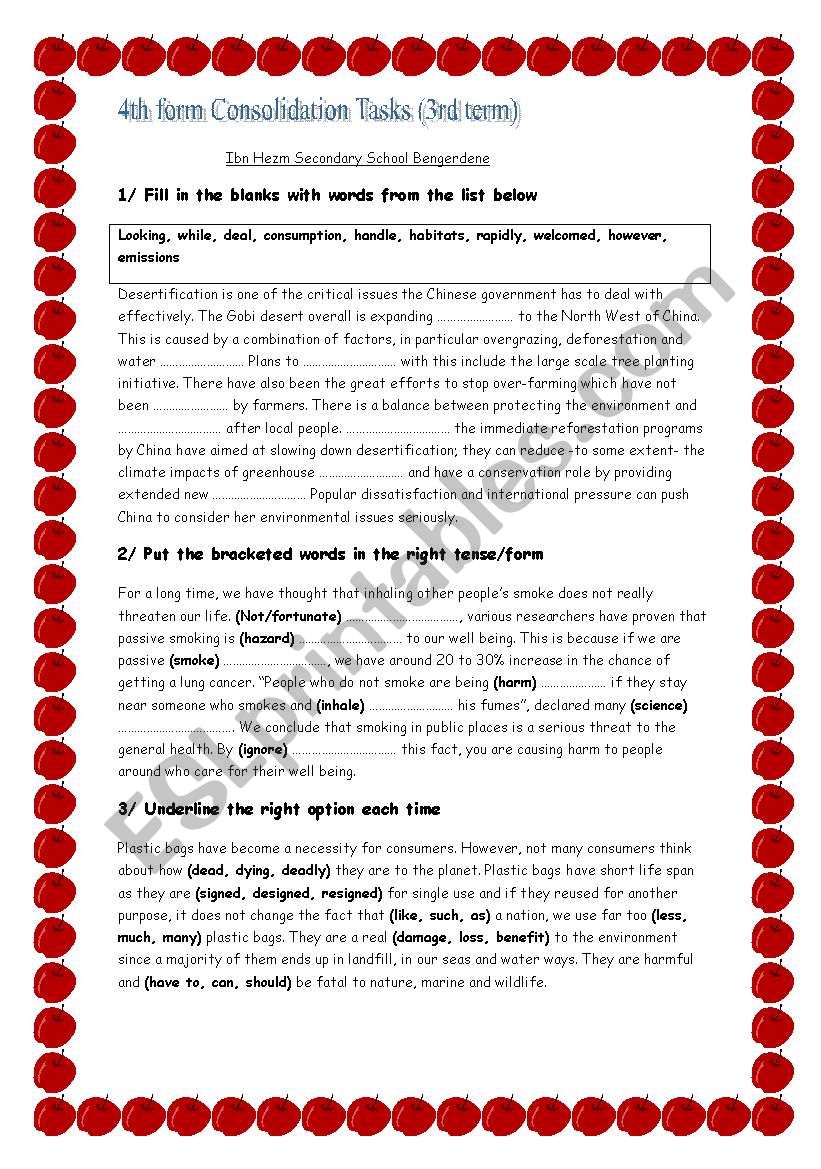 Threats to our environment(4th form language tasks)