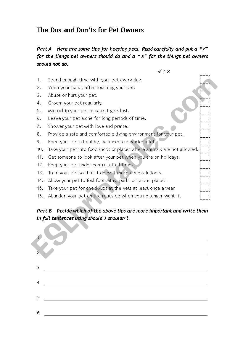 Tips for Pet Owners worksheet