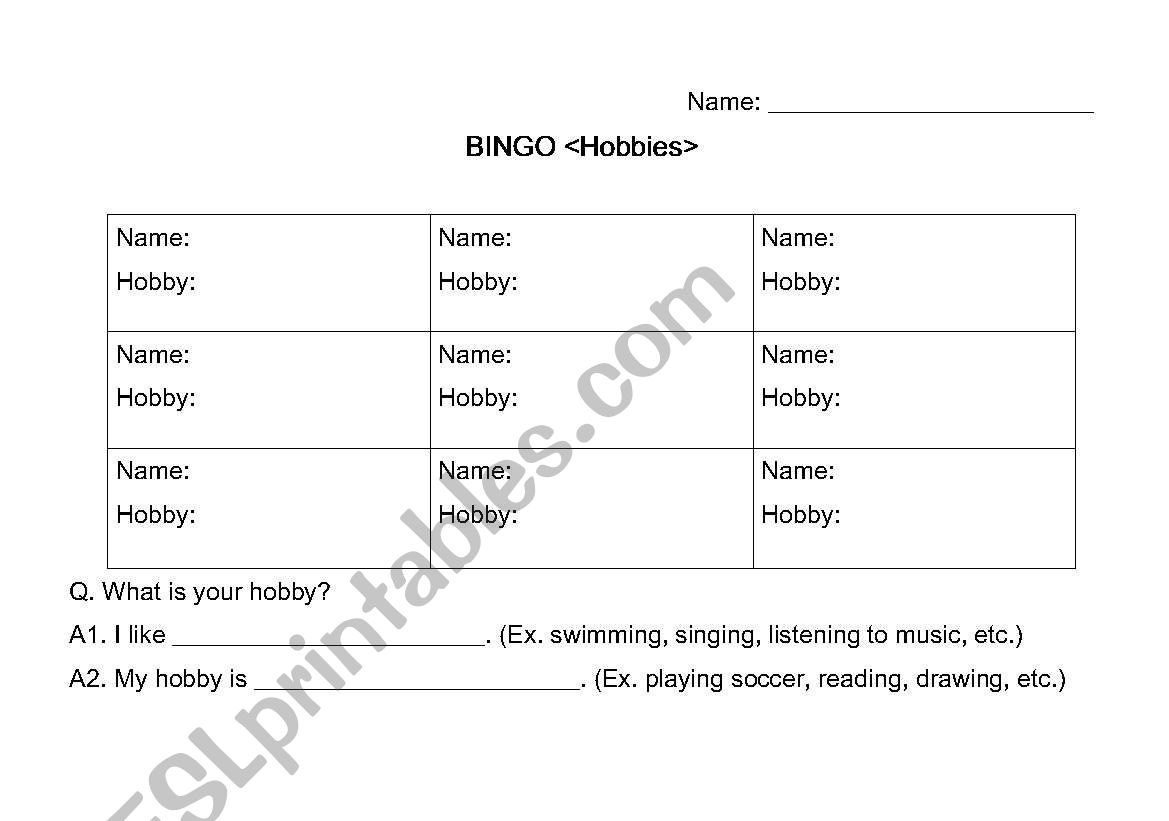 Bingo game sheet_hobbies worksheet