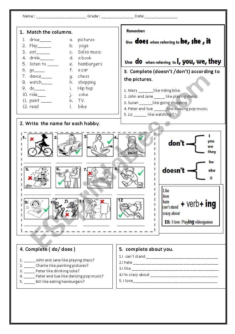 likes  and dilikes ING  worksheet