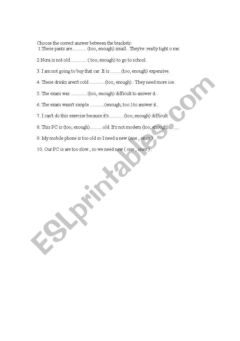 too & enough exercise worksheet