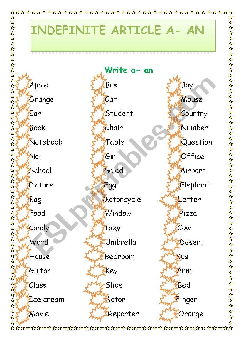 Indefinite Article A-An worksheet