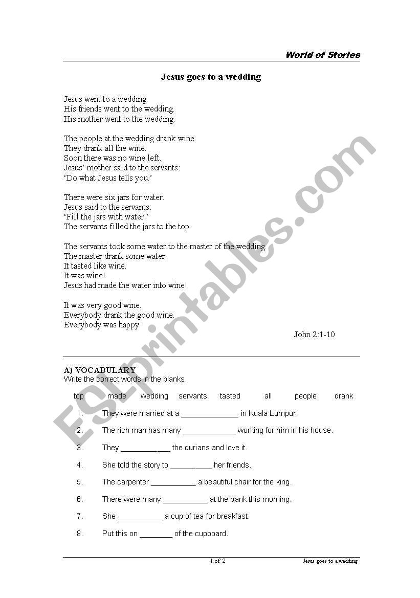 Jesus goes to a wedding worksheet
